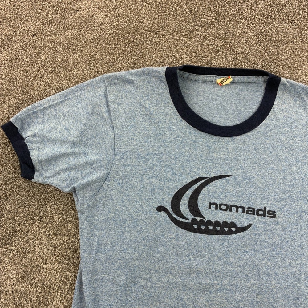 Vintage 80s Nomads Band Shirt Mens Large Blue Cotton Blend USA Made Swedish - Picture 2 of 5